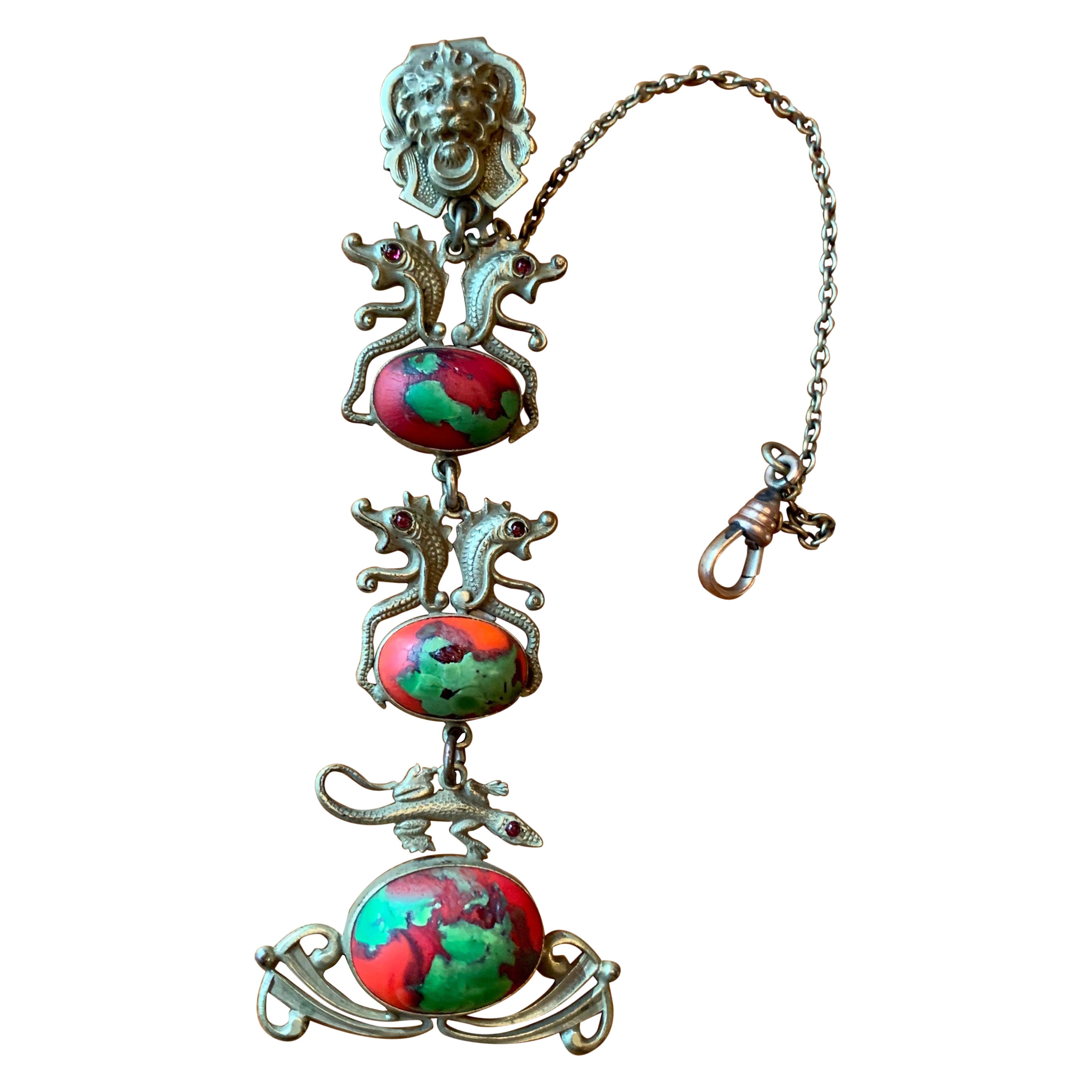 Seahorse Dragon Lion Lizard Art Glass Fob Pendant Antique Belle Epoque Dog Clip