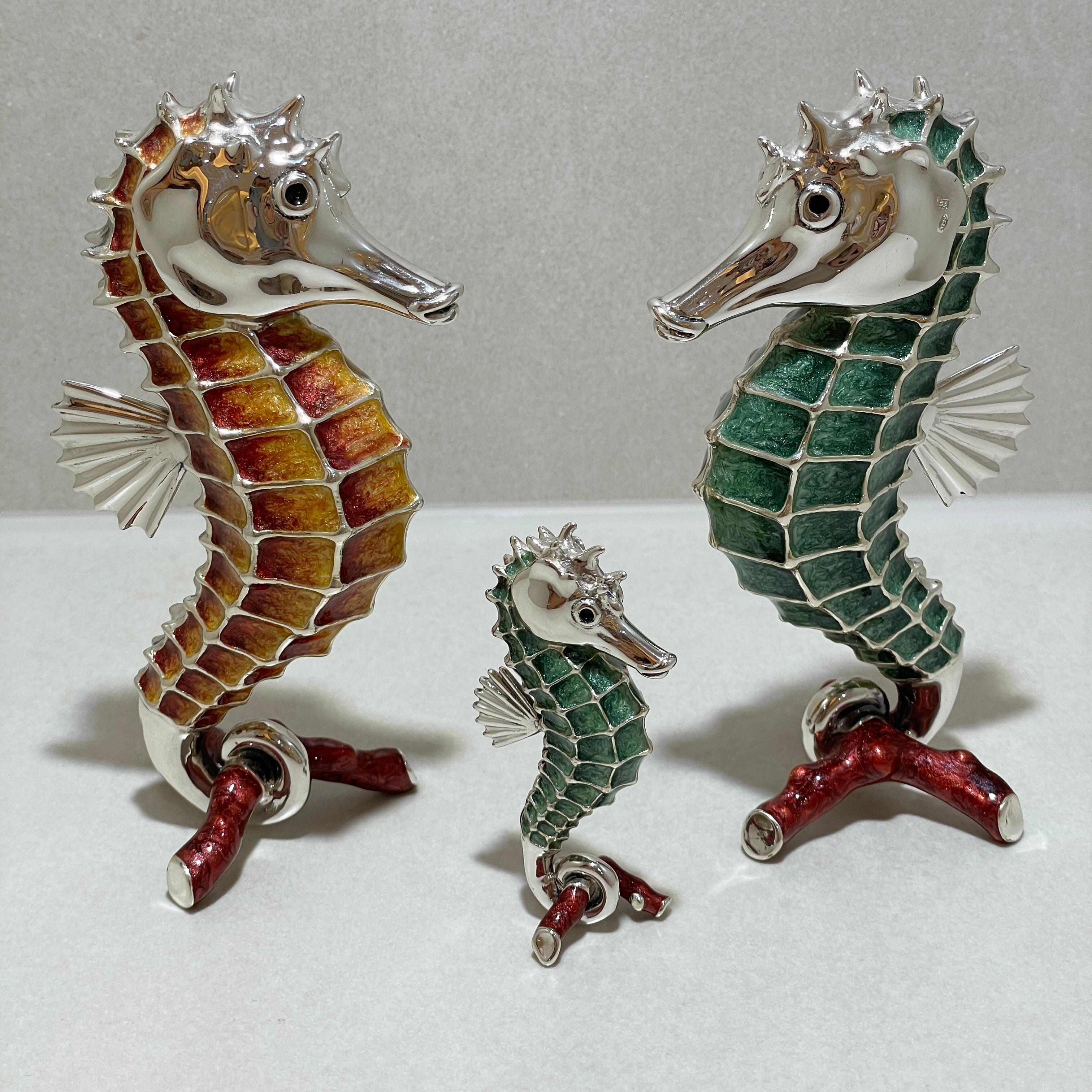 Seahorse Family 925 Sterling Silver - Enamel For Sale 1