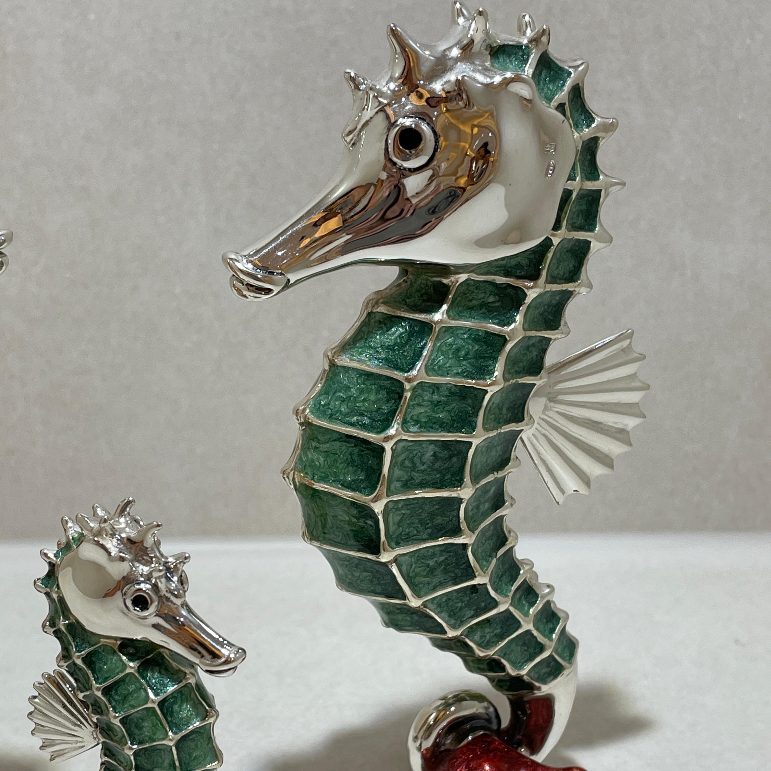 Seahorse Family 925 Sterling Silver - Enamel For Sale 3