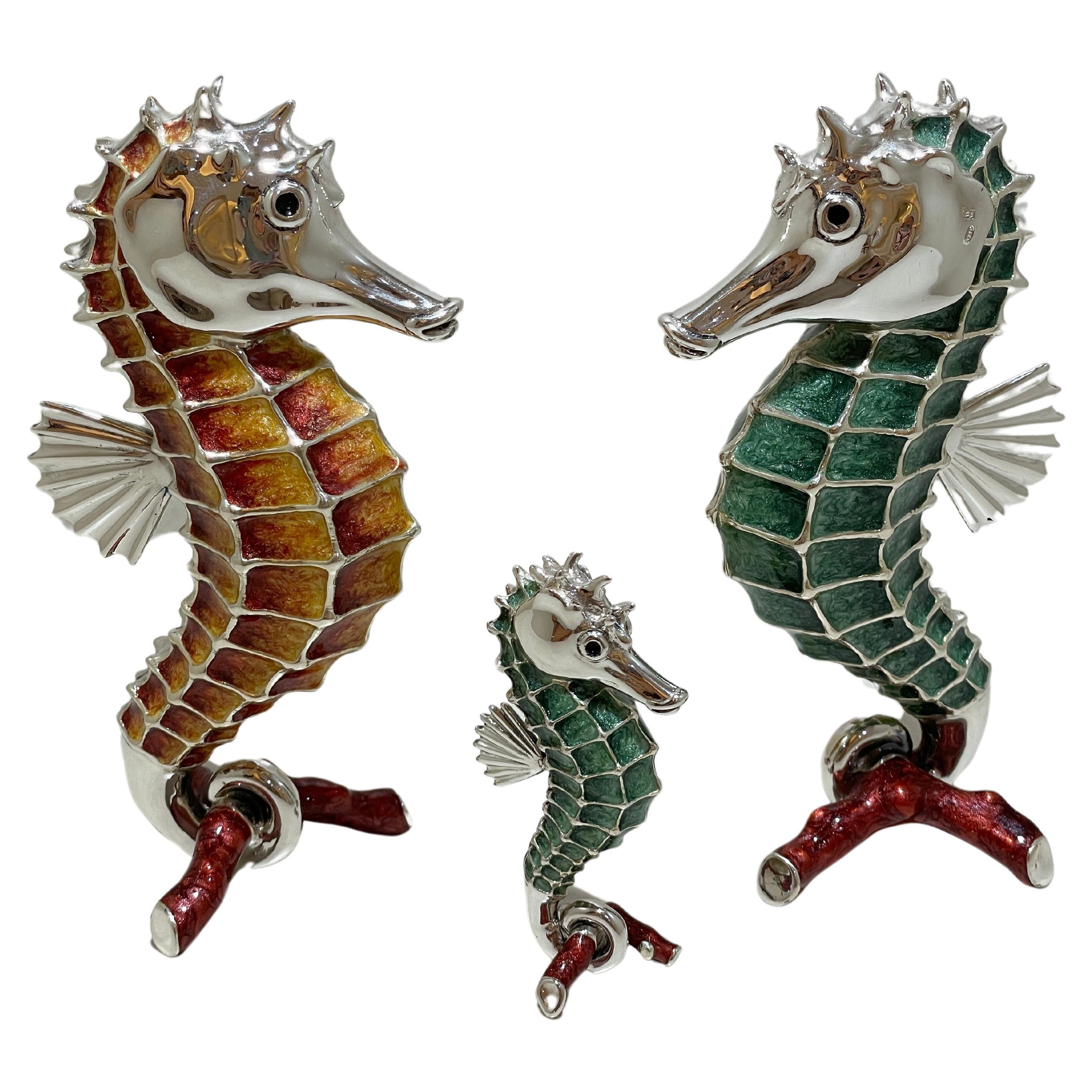Seahorse Family 925 Sterling Silver - Enamel For Sale