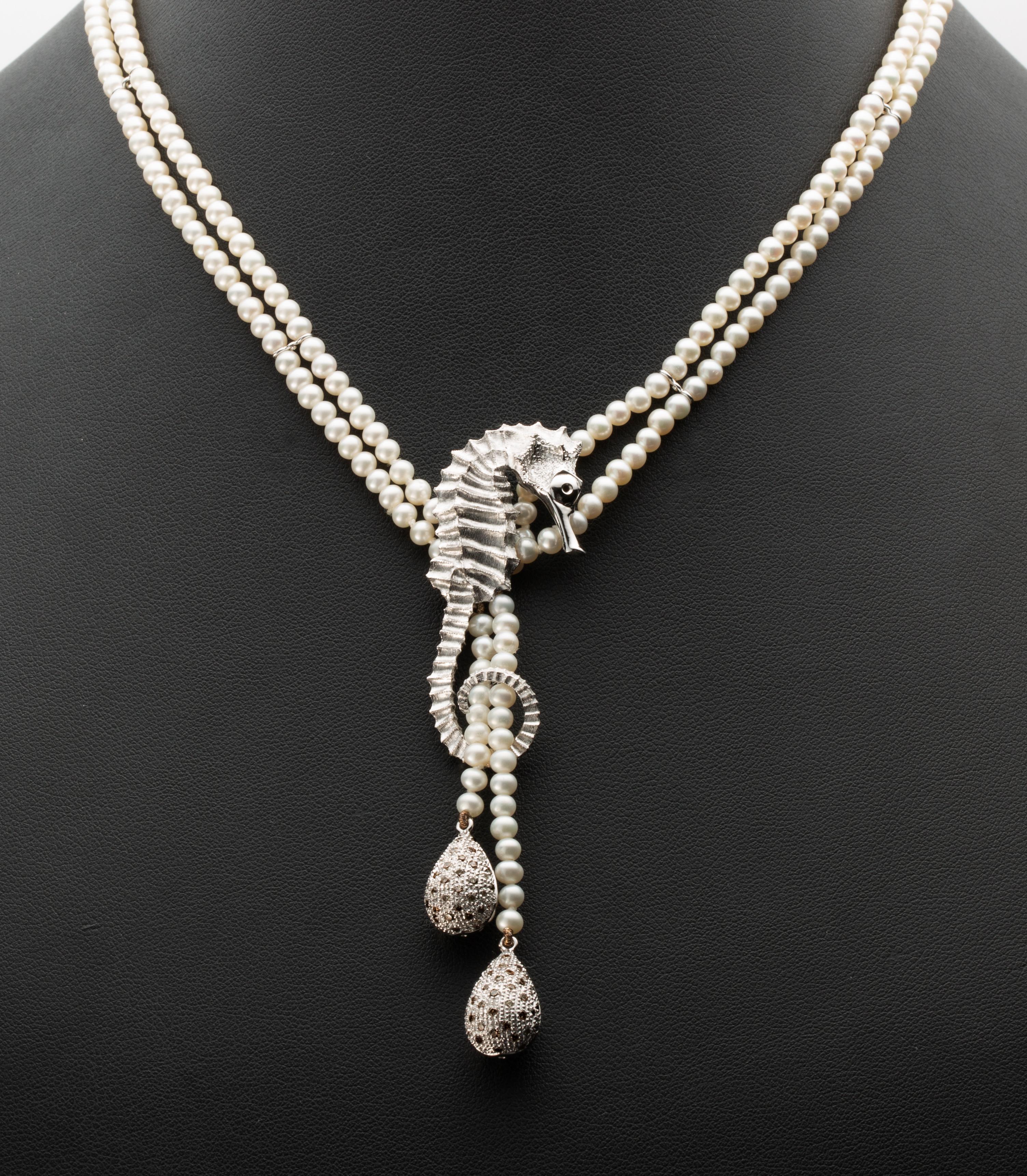 Round Cut Seahorse Necklace with Freshwater Pearls, Diamond Pavè Drops in 18kt White Gold For Sale
