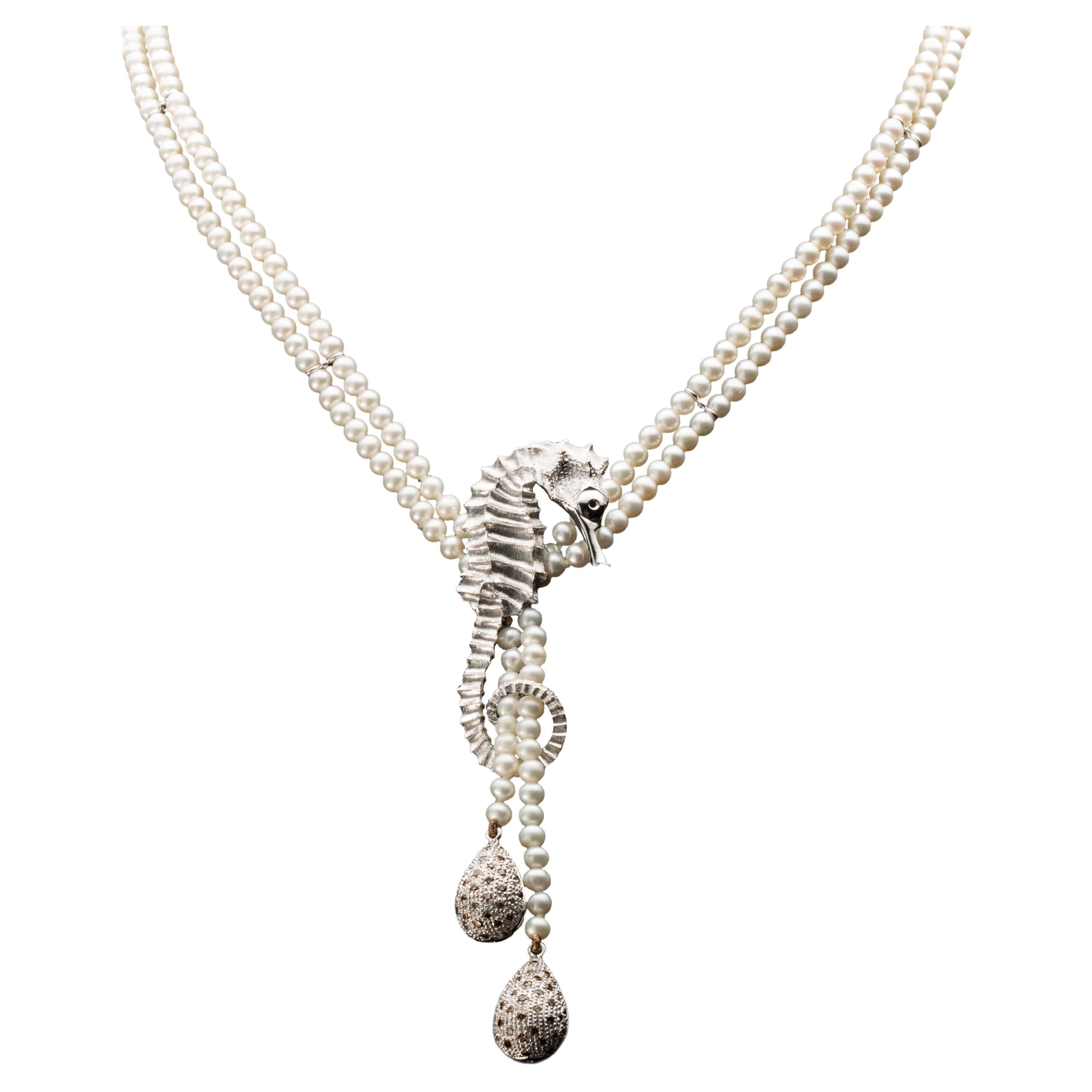 Seahorse Necklace with Freshwater Pearls, Diamond Pavè Drops in 18kt White Gold For Sale