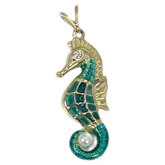 Antique Seahorse Pendant Vitreous Enamel & Diamond Pendant 18kt Gold