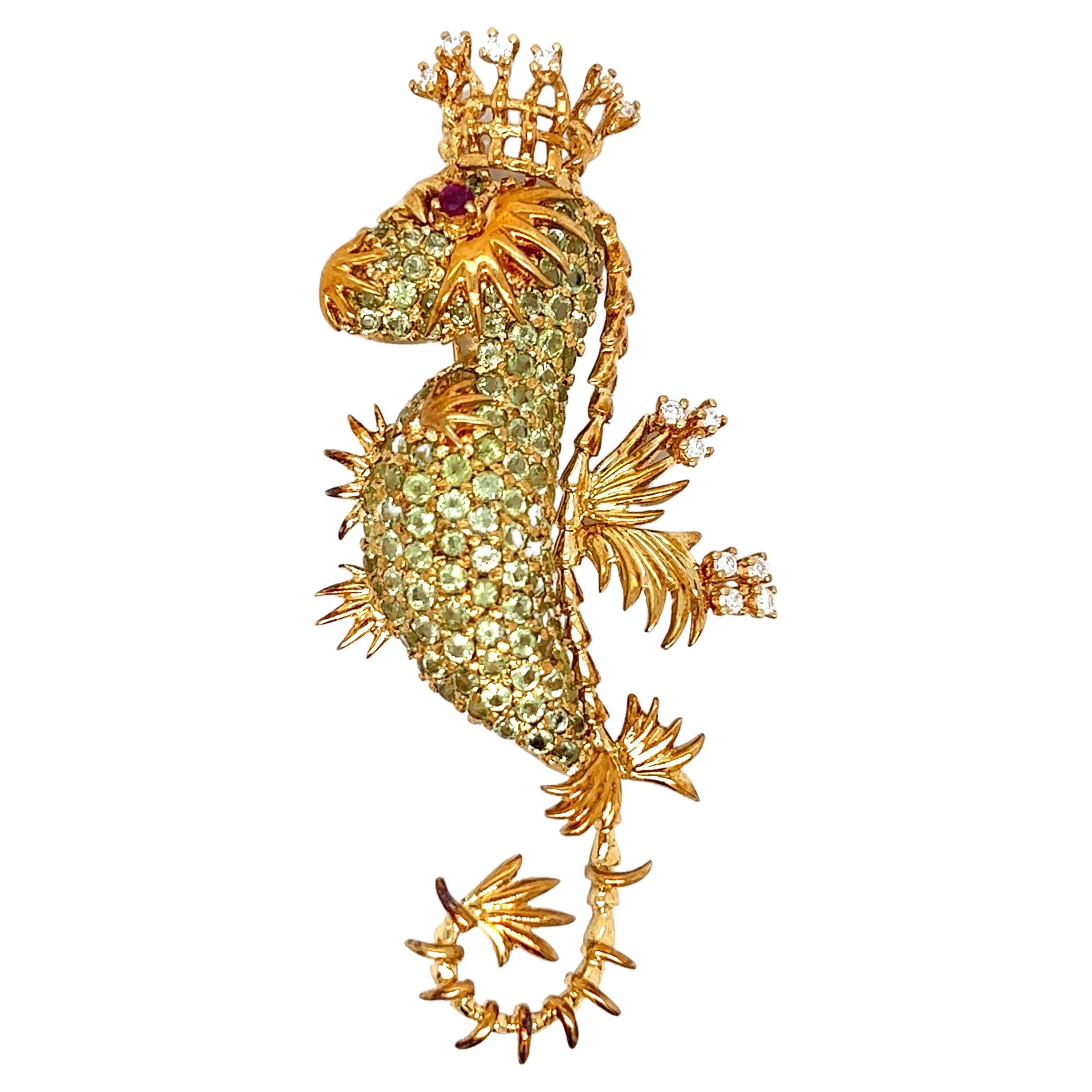 Seahorse Peridot Diamond Gold Brooch For Sale