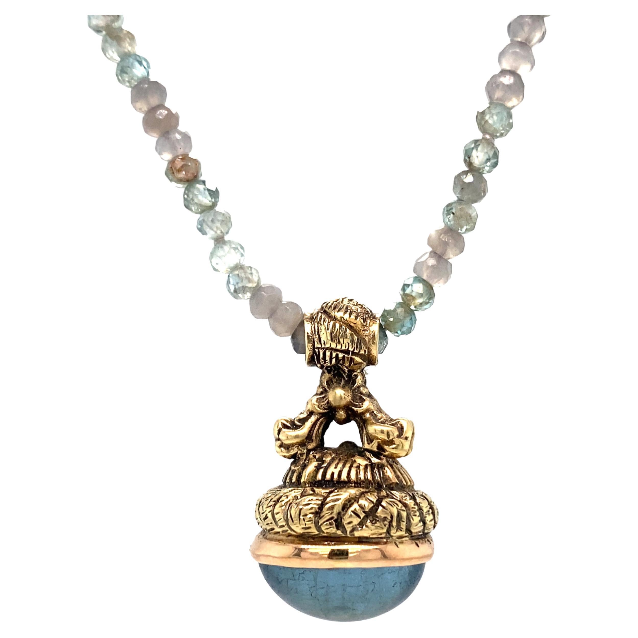 "Seal" Gold Fob with 11 Carat Aquamarine Cabochon on Zircon & Moonstone Chain For Sale