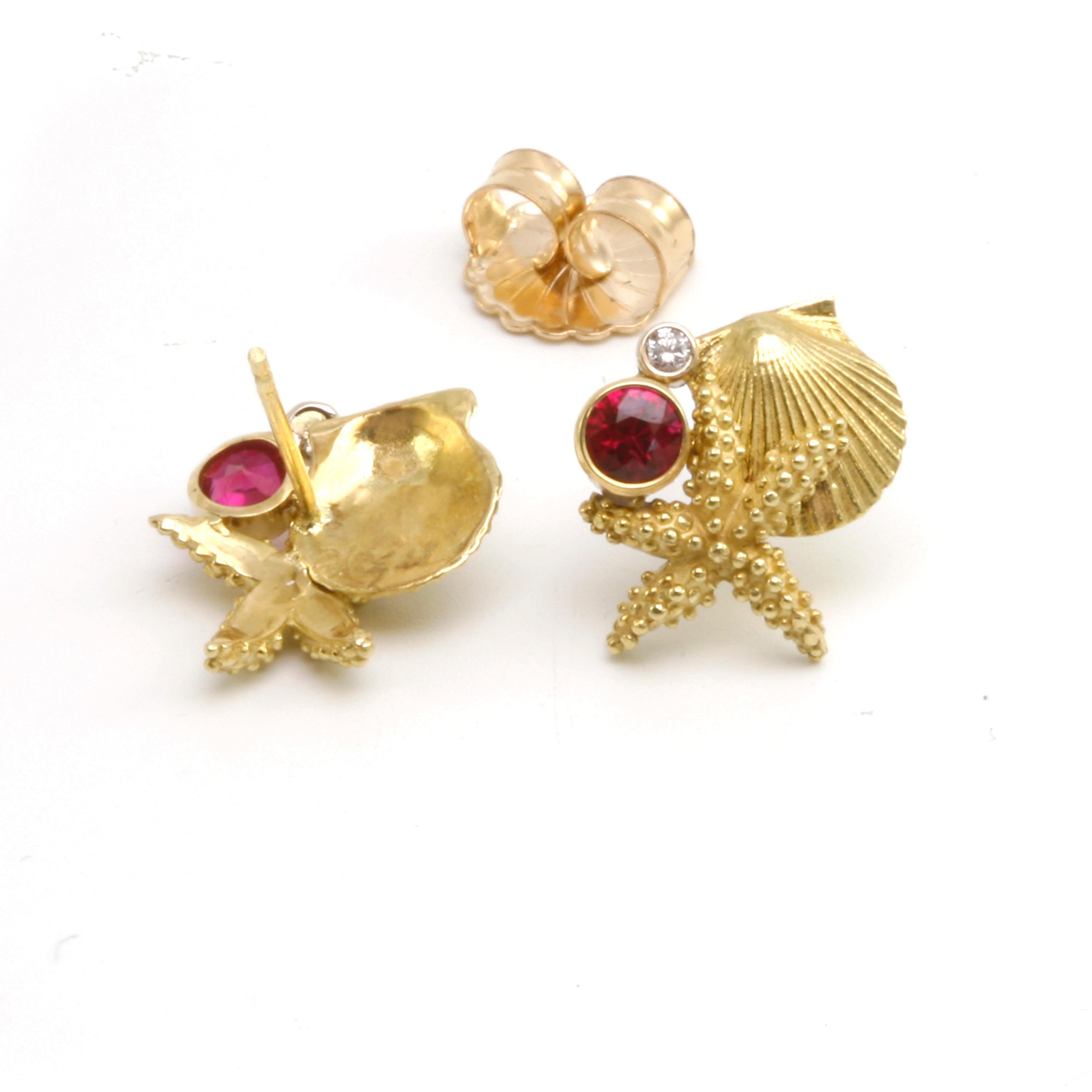 Artisan Diana Kim England Starfish, Scallop, Ruby, and Diamond Earrings in 18k For Sale