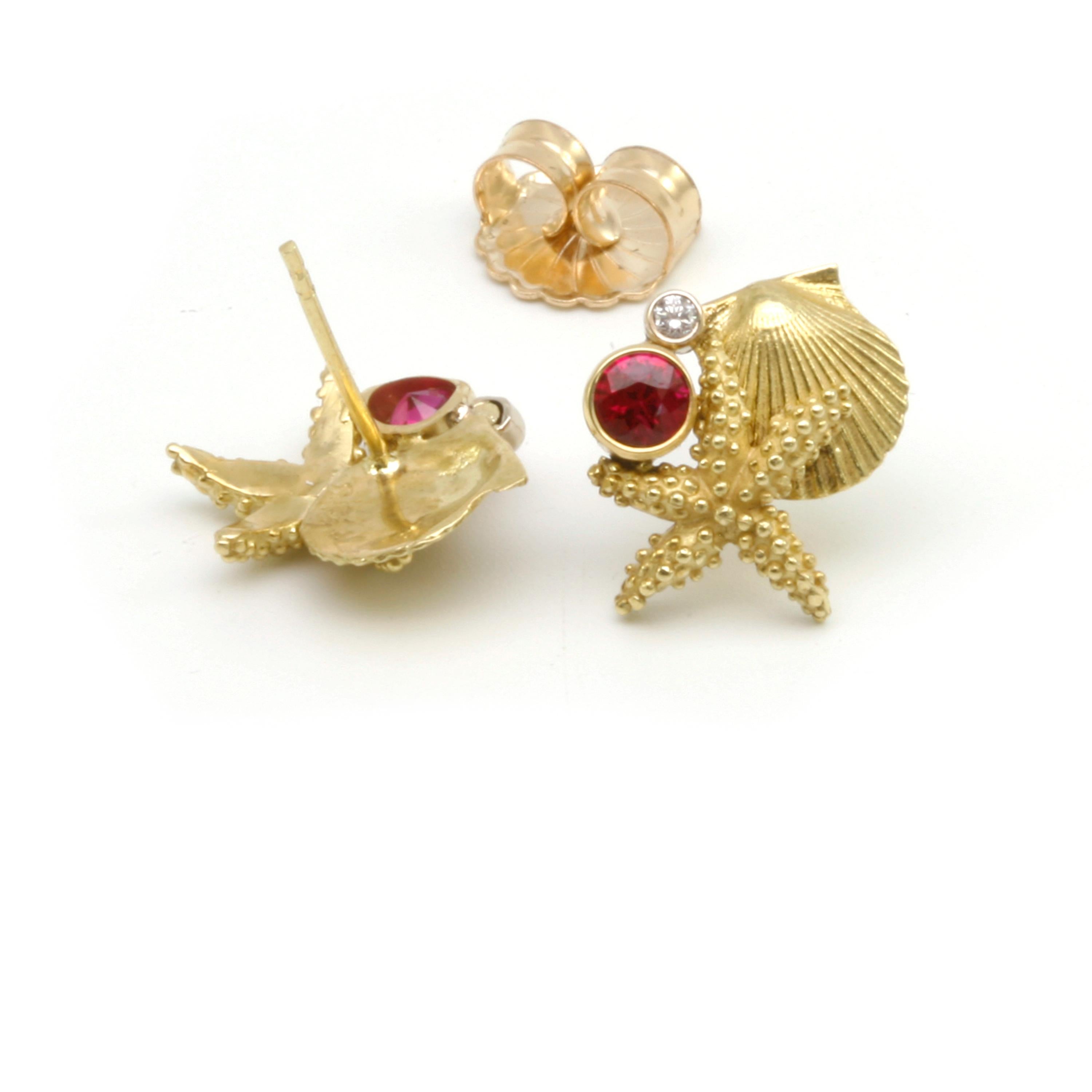 Round Cut Diana Kim England Starfish, Scallop, Ruby, and Diamond Earrings in 18k For Sale