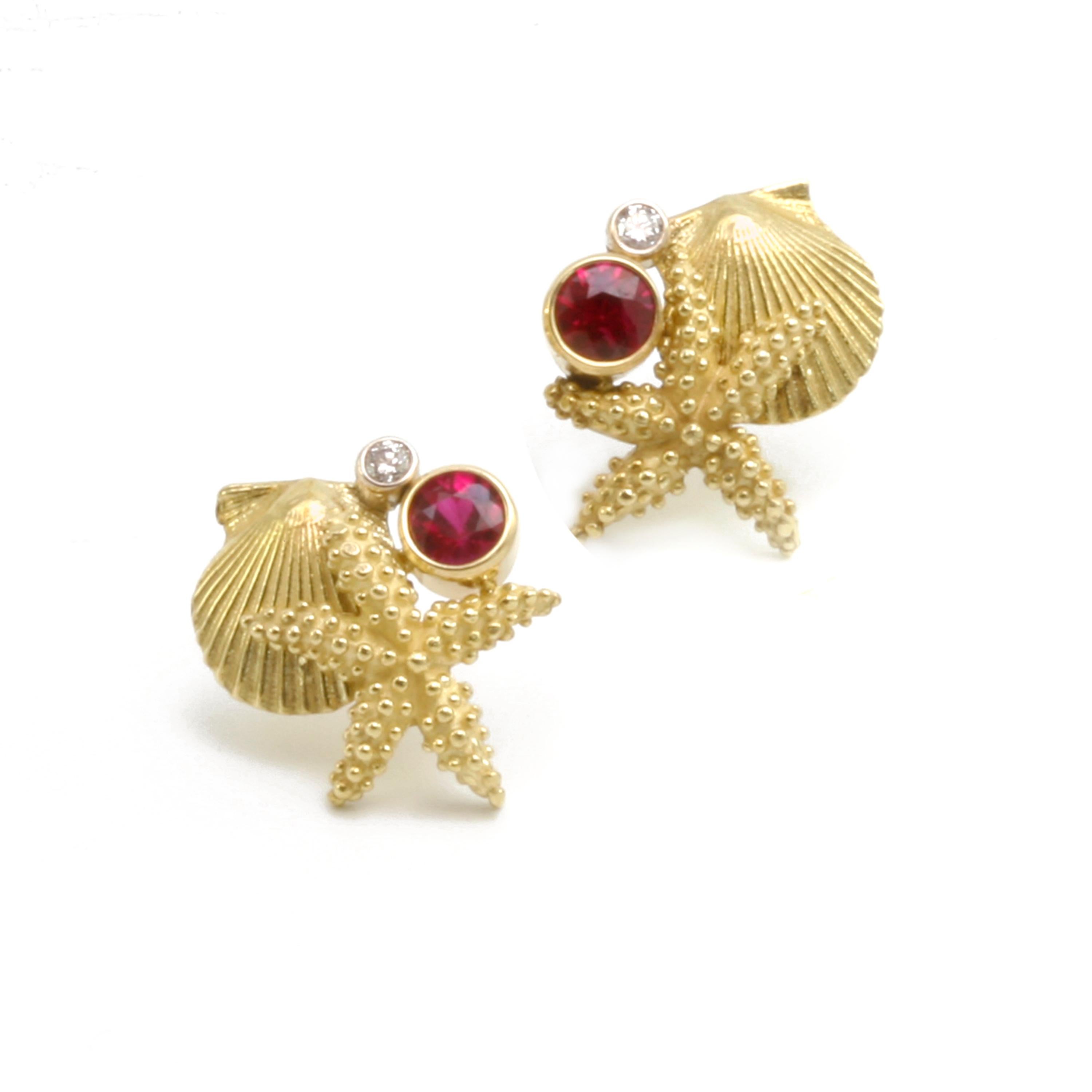 Diana Kim England Starfish, Scallop, Ruby, and Diamond Earrings in 18k In New Condition For Sale In Red Hook, NY