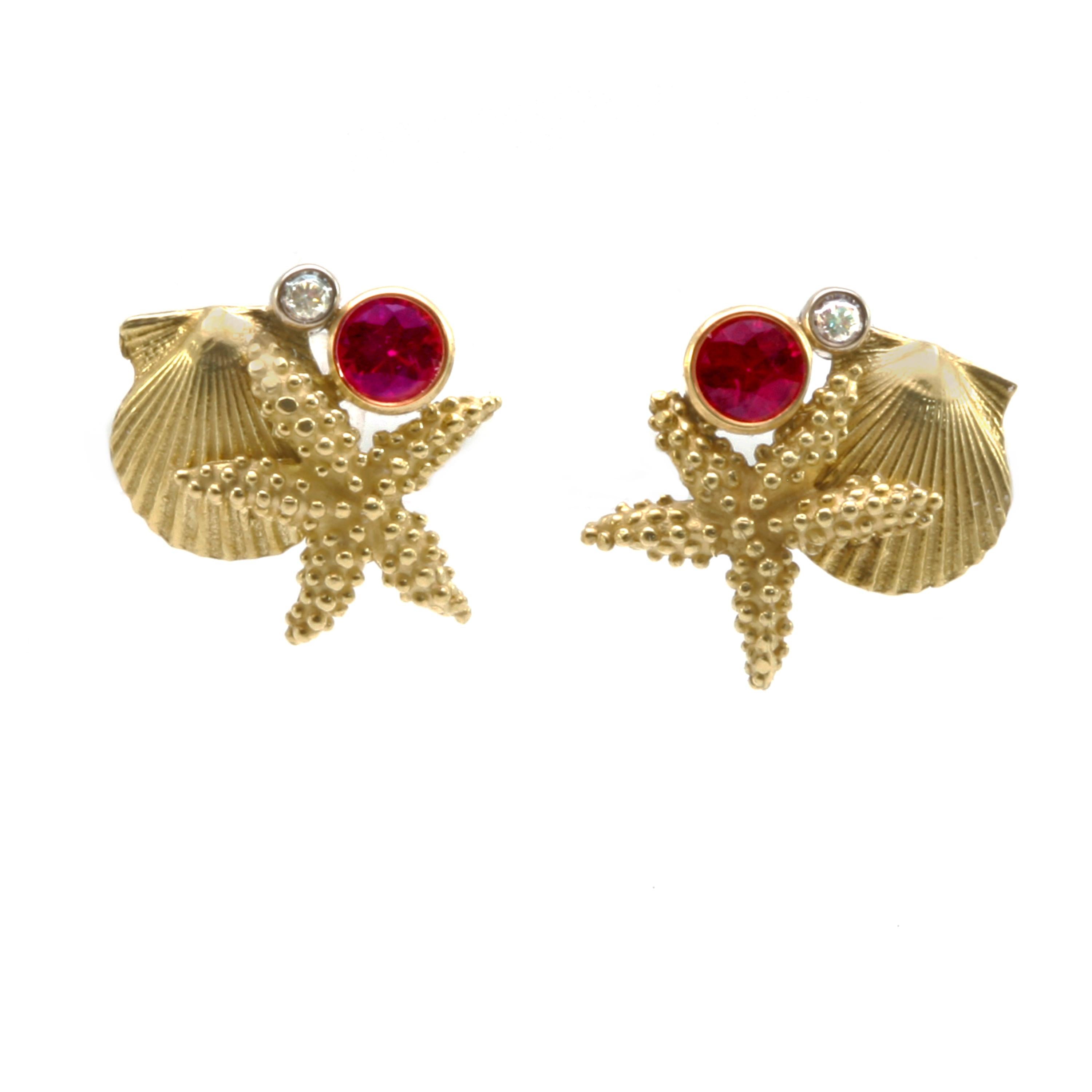  A  scallop and Starfish are finished with a faceted ruby and diamond on each earring. They are set with .40 carat rubies and .06 carat diamonds.  The legs of the sea stars intertwine with the Ruby, Diamond, and scallop shell to form an intriguing