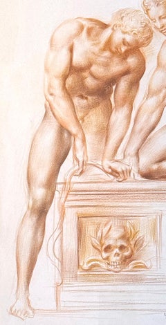 "Sealing the Sarcophagus", Early, Important Drawing by Goor w/ Male Nudes
