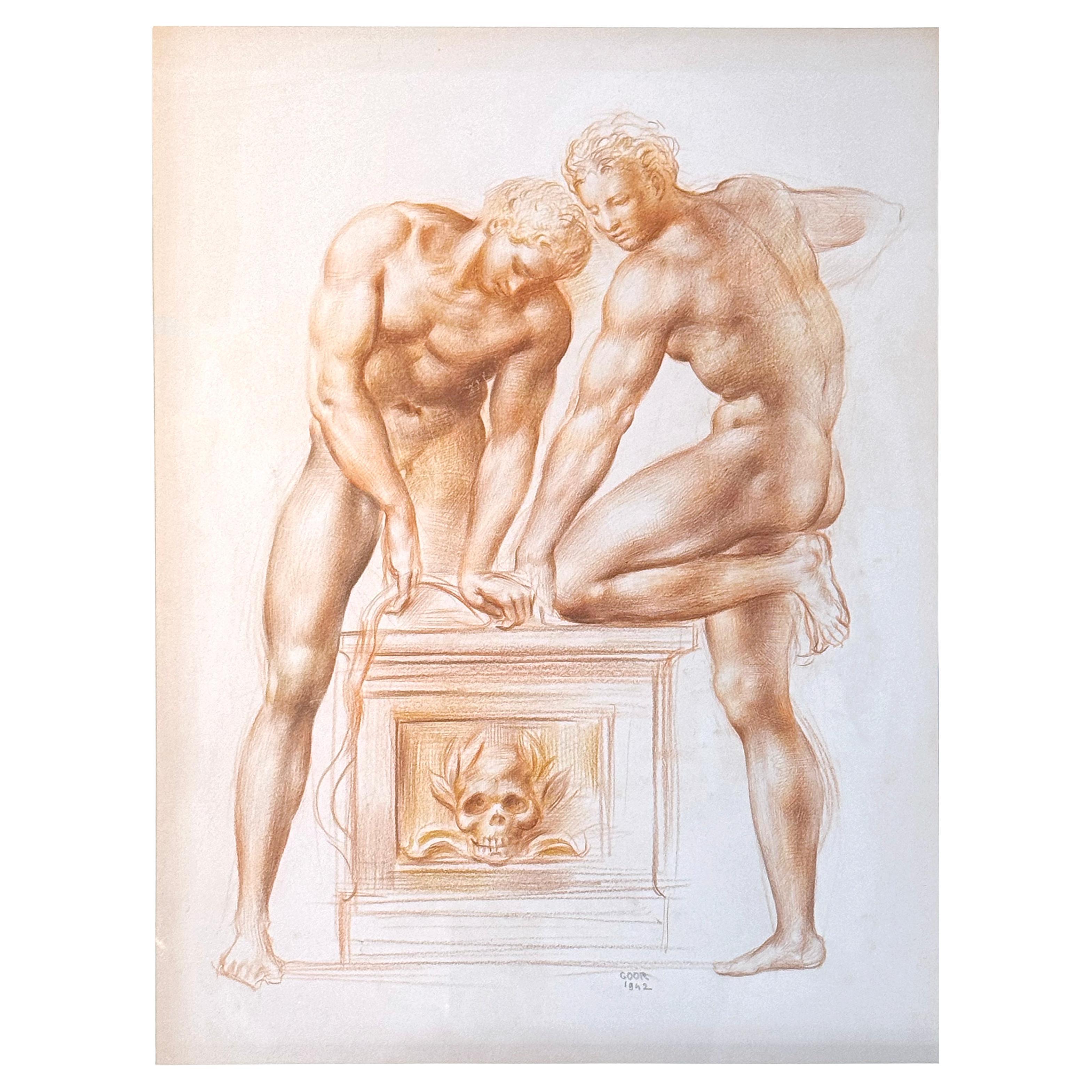 "Sealing the Sarcophagus", Early, Important Drawing by Goor w/ Male Nudes