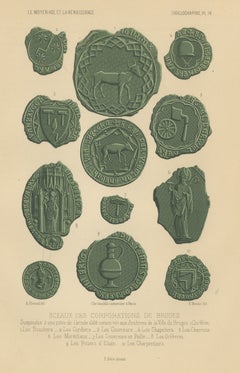 Seals of the Guilds of Bruges, 1356, Antique Chromolithograph, 1851