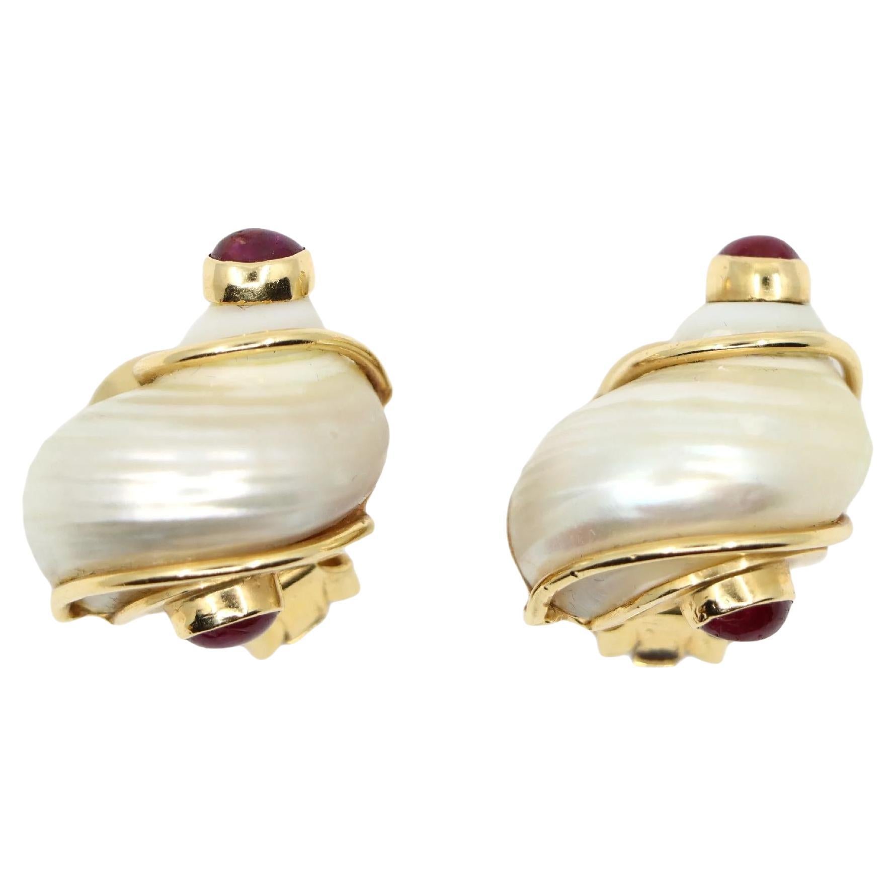 Seaman Schepps 14K Gold Ruby Turbo Shell Earrings