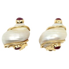 Seaman Schepps 14K Gold Ruby Turbo Shell Earrings