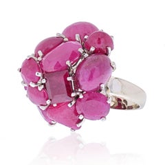 Seaman Schepps 14K White Gold 1970's Cabochon Ruby and Diamond Ring