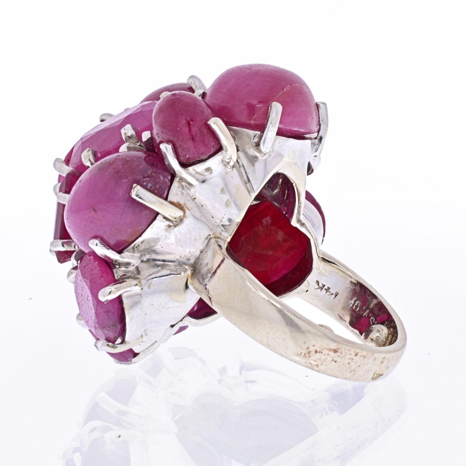 Modern Seaman Schepps 14K White Gold 1970's Cabochon Ruby and Diamond Ring For Sale
