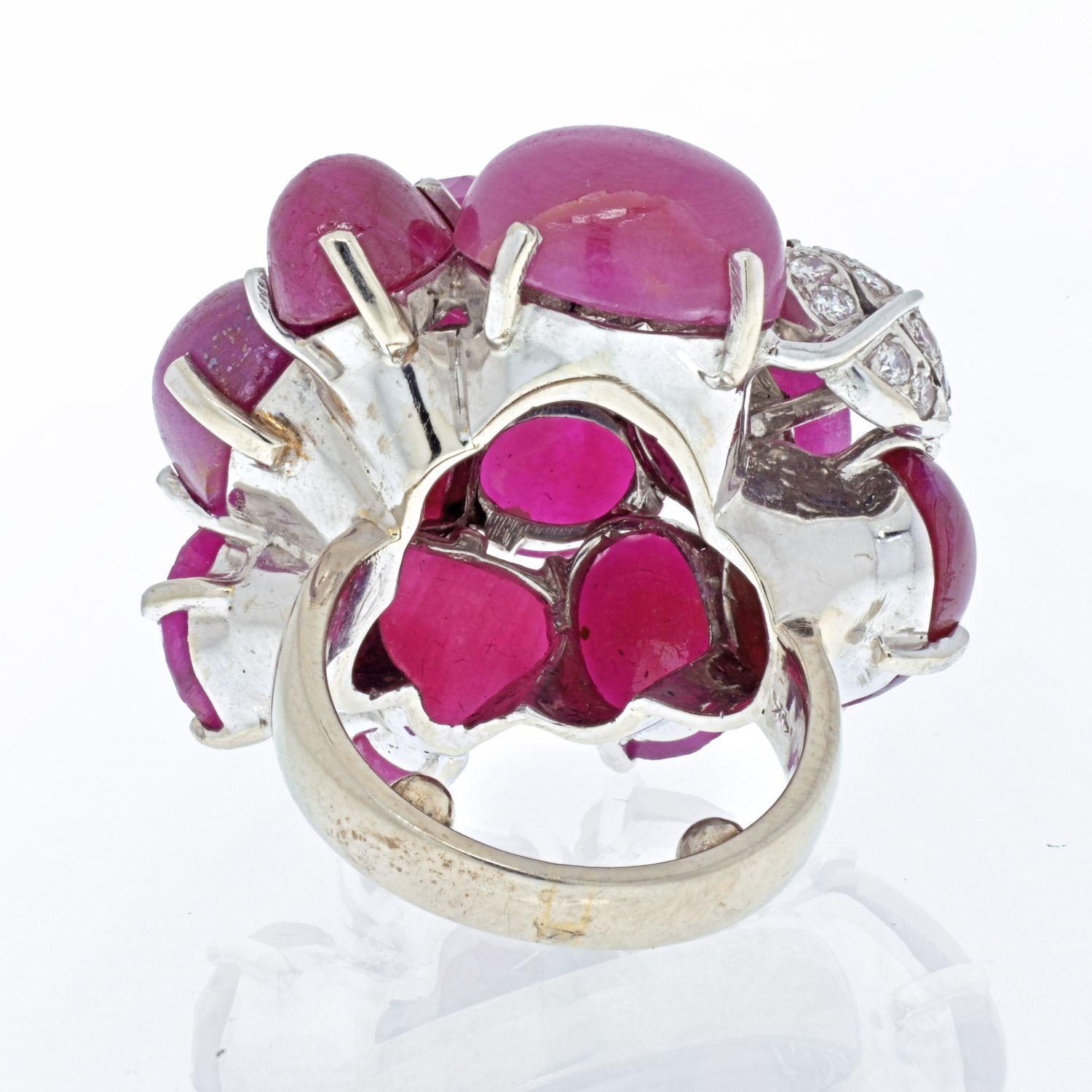 Seaman Schepps 14K White Gold 1970's Cabochon Ruby and Diamond Ring In Excellent Condition For Sale In New York, NY