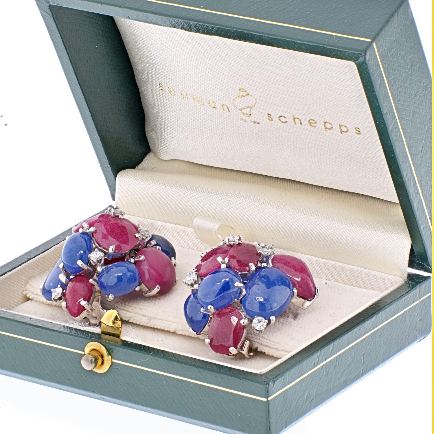 Modern Seaman Schepps 14K White Gold Cluster Sapphire and Ruby Earrings For Sale
