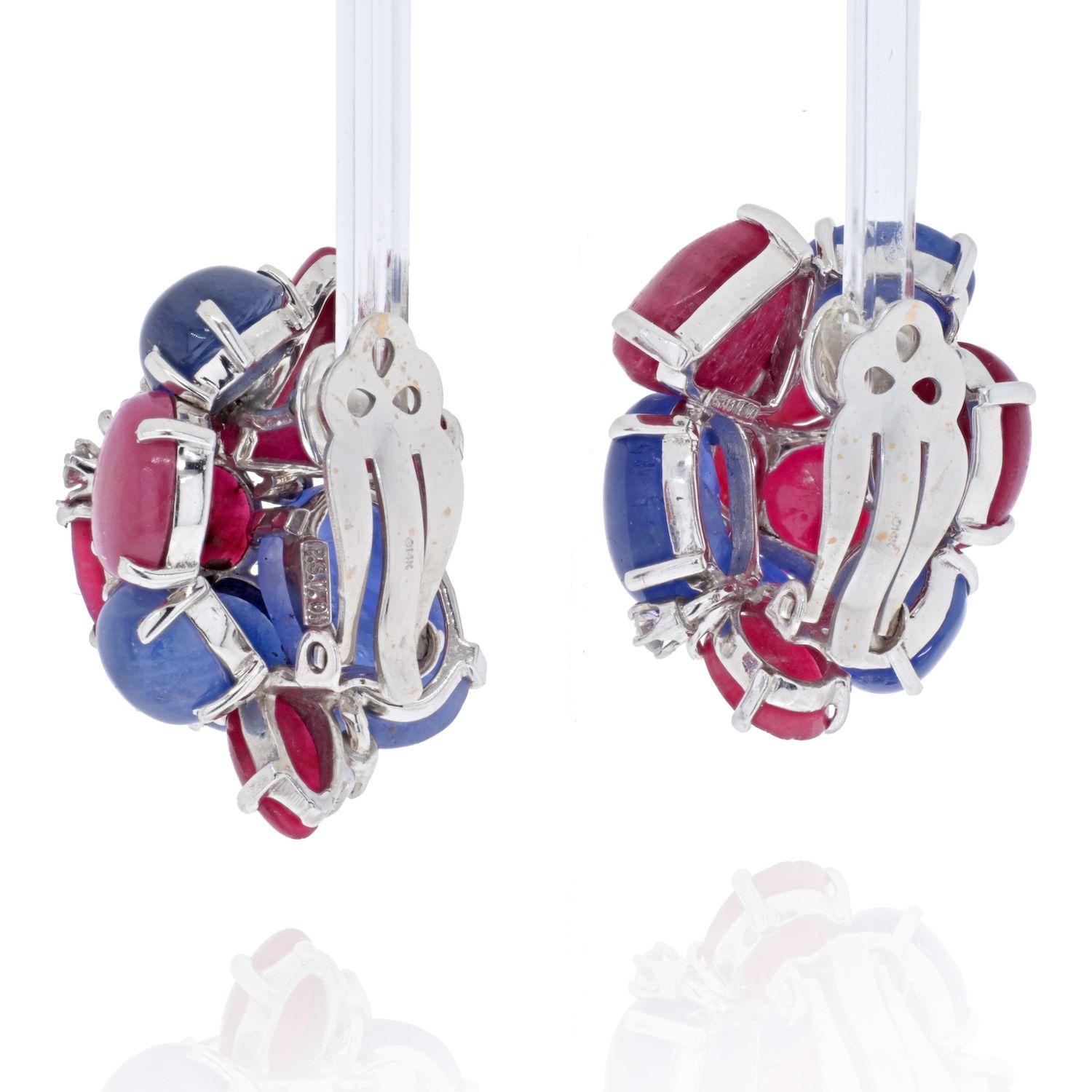 Cabochon Seaman Schepps 14K White Gold Cluster Sapphire and Ruby Earrings For Sale