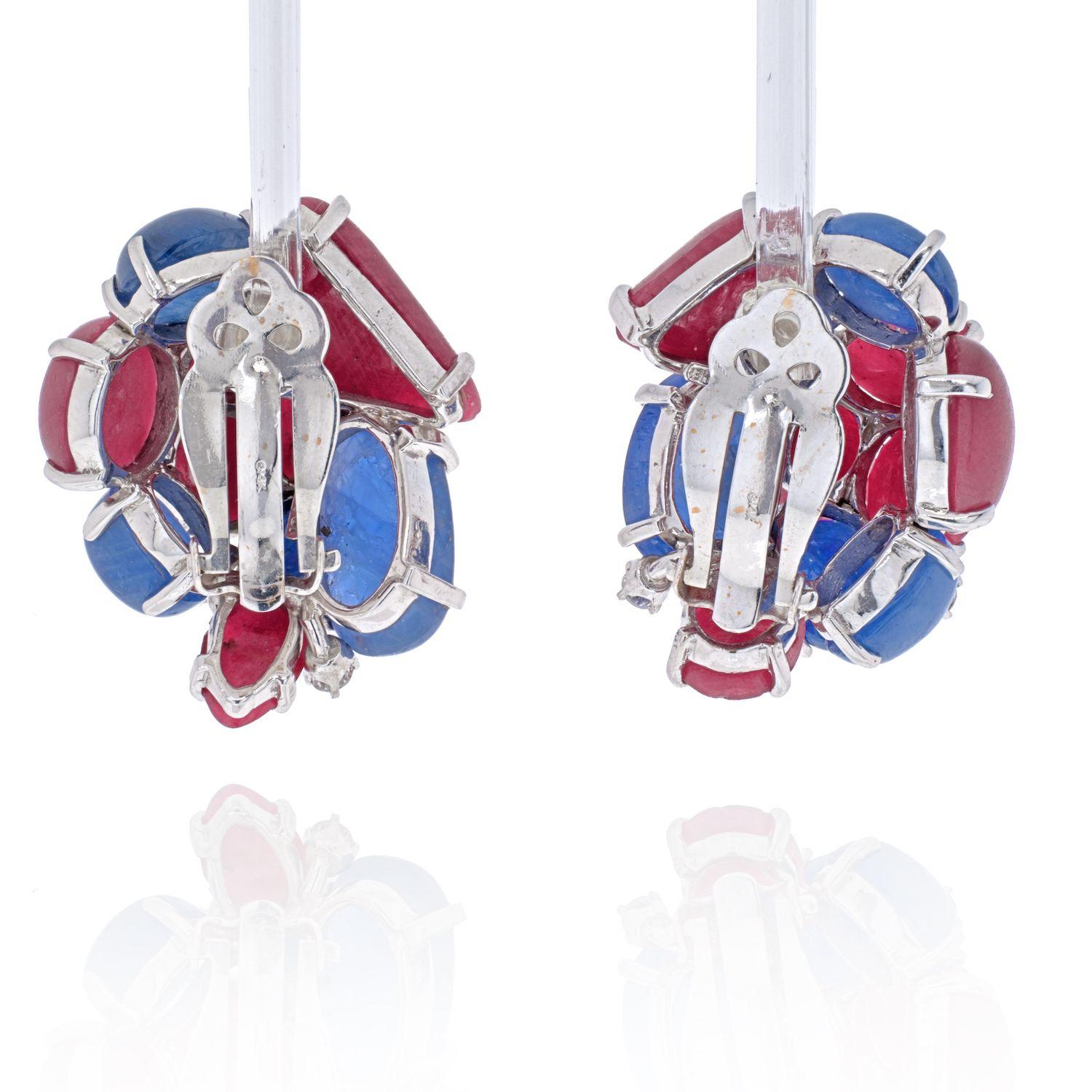 Seaman Schepps 14K White Gold Cluster Sapphire and Ruby Earrings In Excellent Condition For Sale In New York, NY