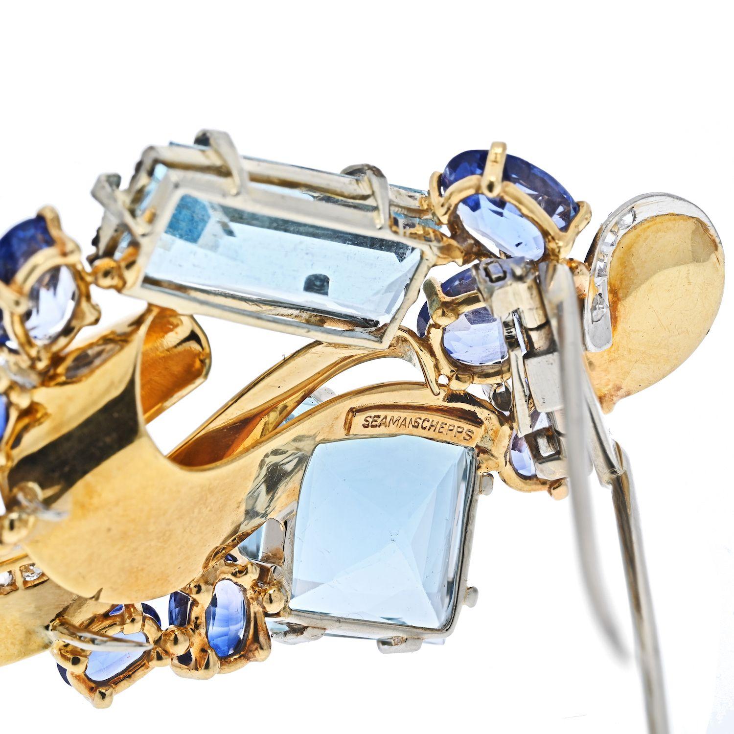 Emerald Cut Seaman Schepps 14K Yellow Gold Aquamarine, Diamonds Brooch