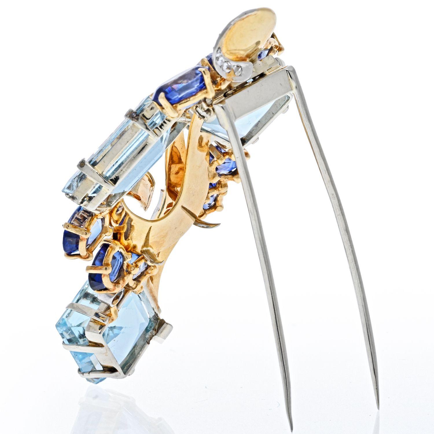 Seaman Schepps 14K Yellow Gold Aquamarine, Diamonds Brooch In Excellent Condition In New York, NY