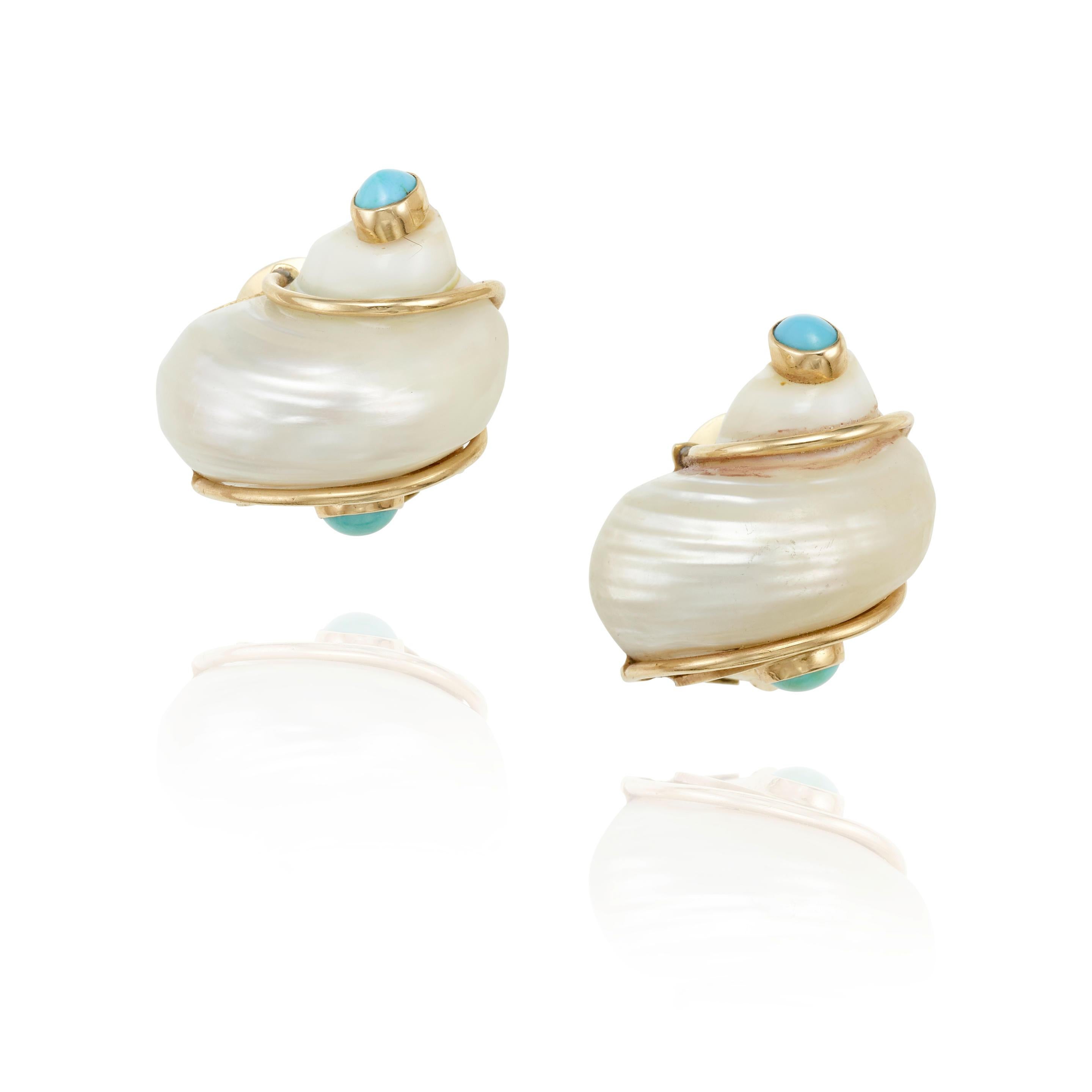 Seaman Schepps 14k Yellow Gold Turbo Shell Ear Clips Turquoise Cabochons For Sale 4