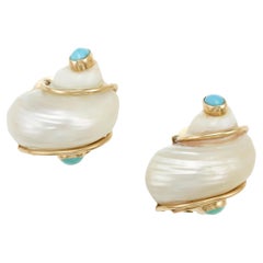 Seaman Schepps Oro Amarillo 14k Turbo Concha Pendientes Cabujones Turquesa