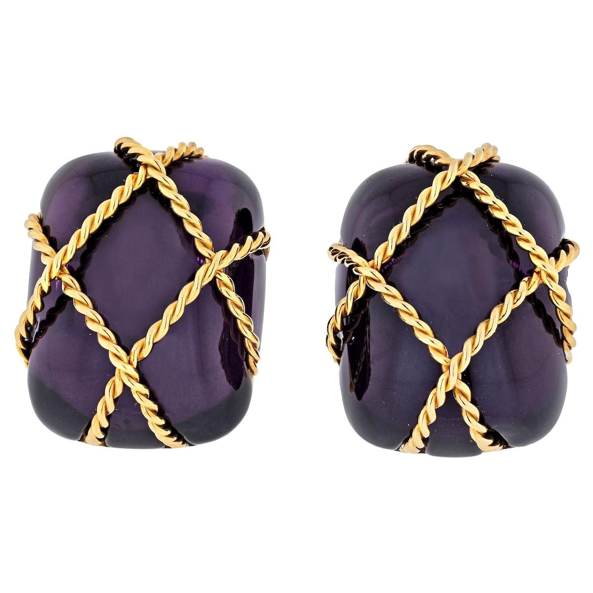 Seaman Schepps 18 Karat Yellow Gold Amethyst Cage Earrings