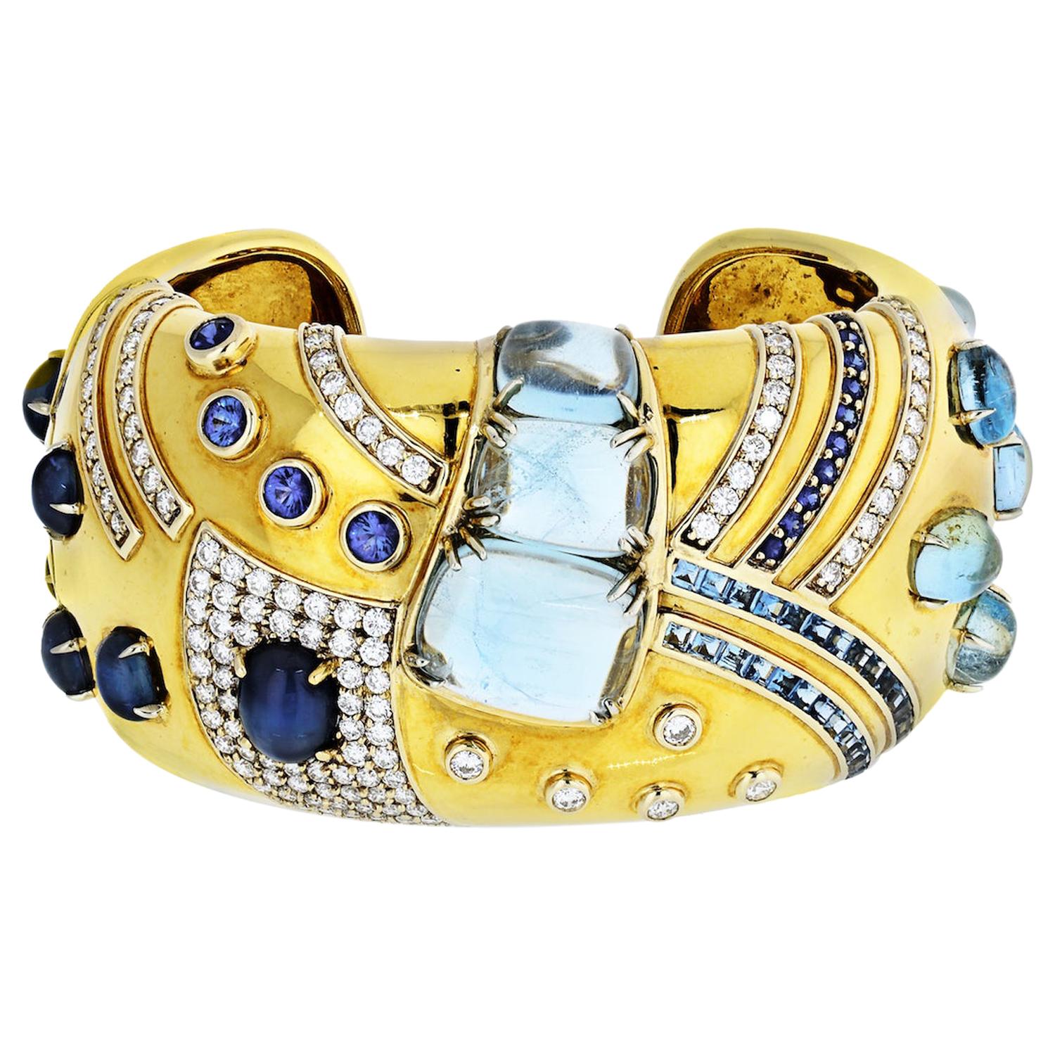 Seaman Schepps 18 Karat Yellow Gold Aquamarine, Sapphire, Diamonds Jazz Cuff