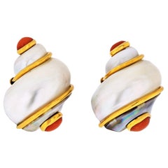 Vintage Seaman Schepps 18 Karat Yellow Gold Turbo Shell and Coral Earrings