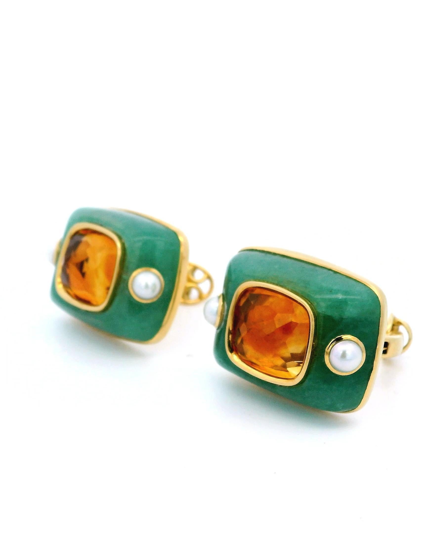 Orecchini con crisoprasio e perle citrine in oro 18 carati Seaman Schepps In condizioni buone in vendita a Great Neck Plaza, NY