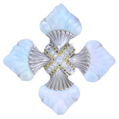 Seaman Schepps 18k Gold Diamond Maltese Cross Brooch Carved Rock Crystal Sapphir