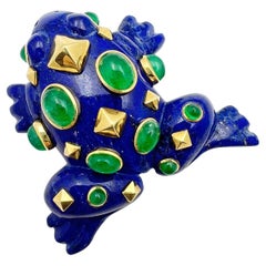 Seaman Schepps 18k Gold Lapis Emerald Frog Brooch