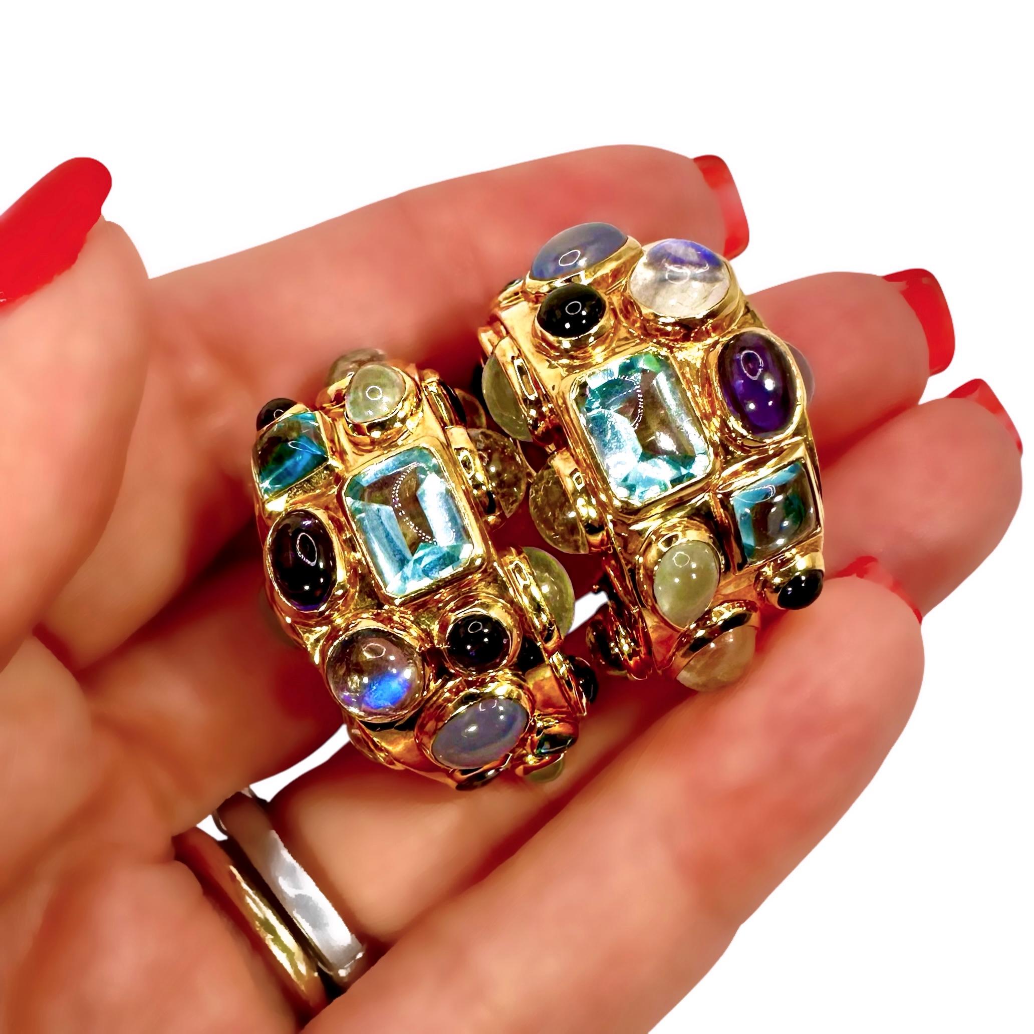 Seaman Schepps 18K Gold Multi Gemstone Fifties Hoop Earrings For Sale 5