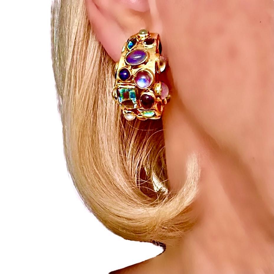 Seaman Schepps 18K Gold Multi Gemstone Fifties Hoop Earrings For Sale 6