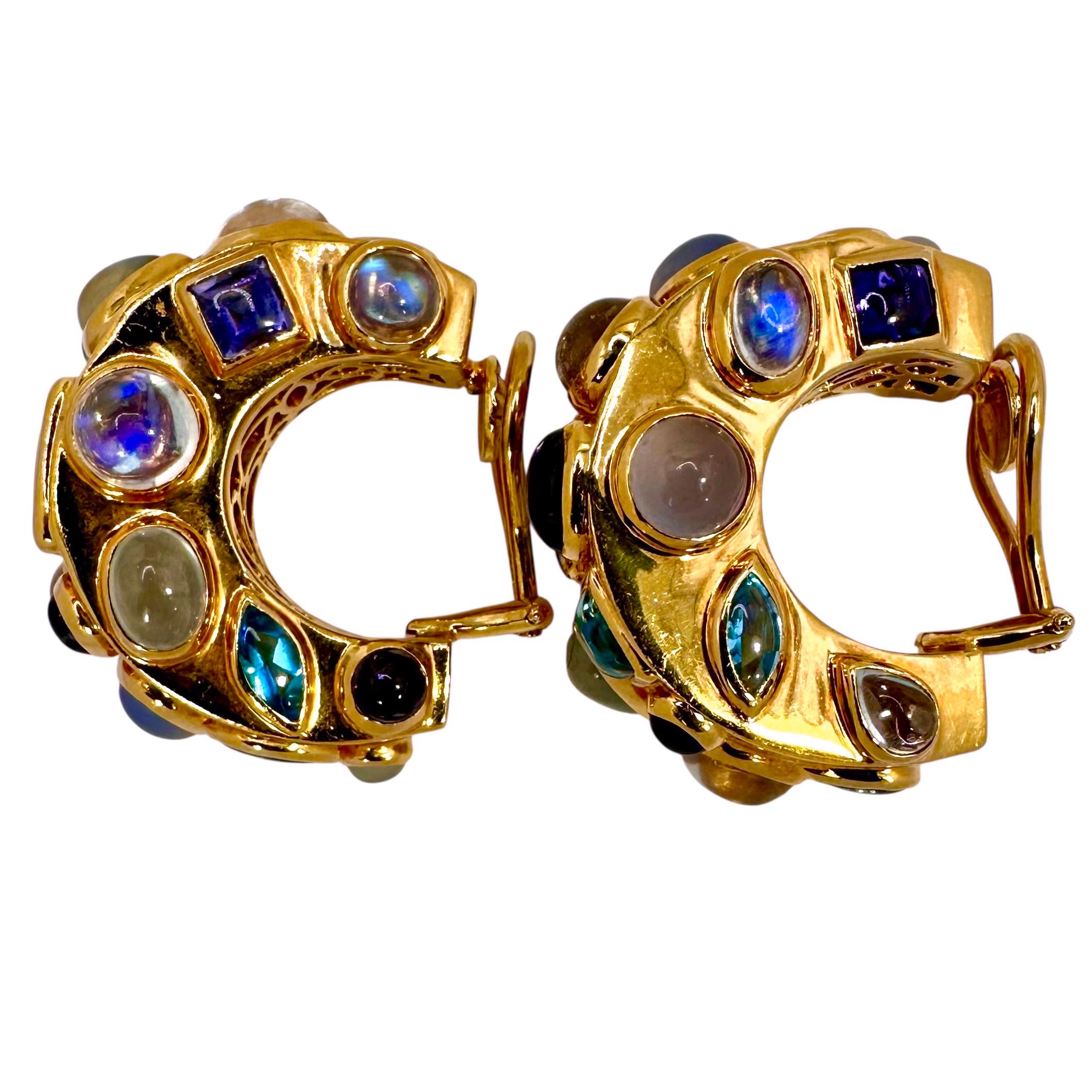 Modern Seaman Schepps 18K Gold Multi Gemstone Fifties Hoop Earrings For Sale