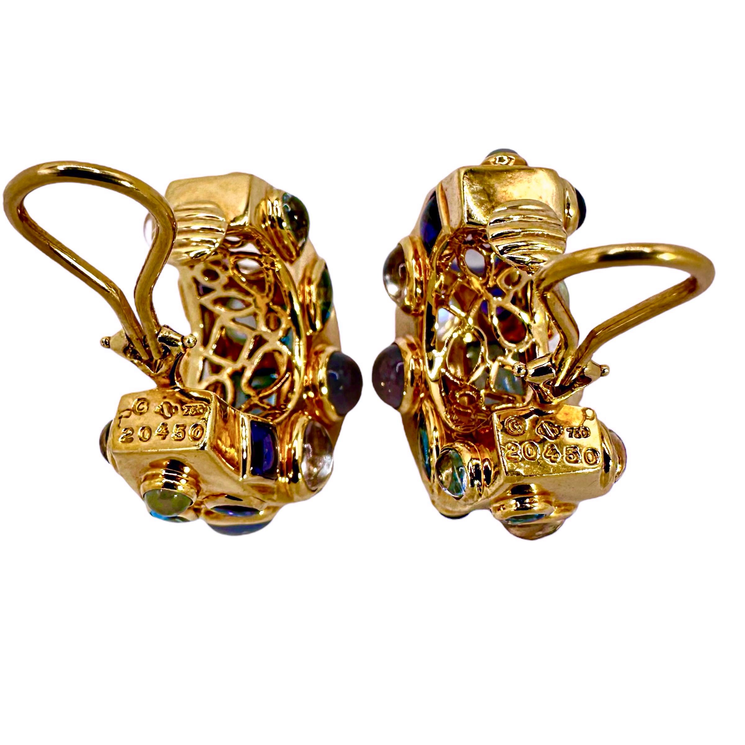 Cabochon Seaman Schepps 18K Gold Multi Gemstone Fifties Hoop Earrings For Sale