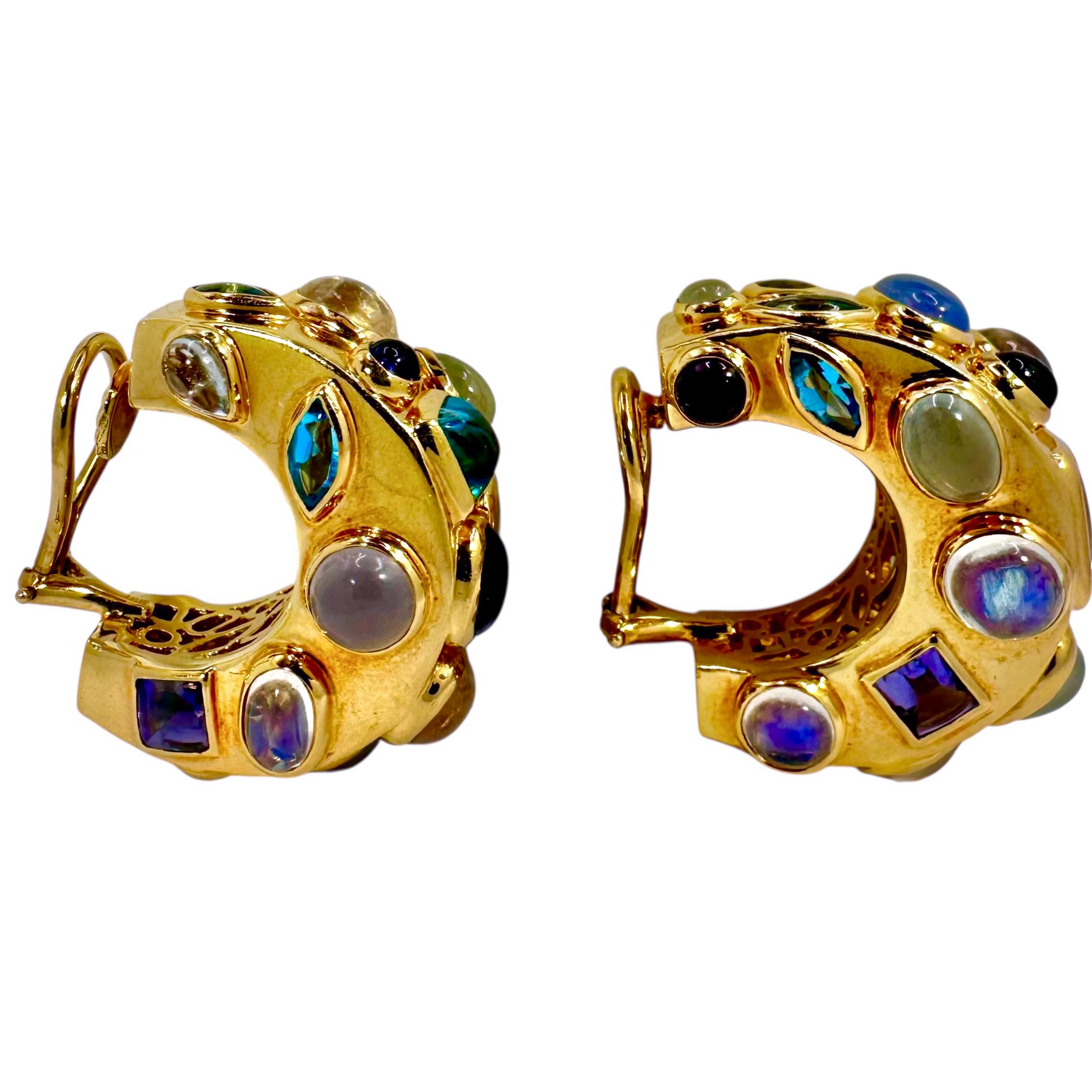 Seaman Schepps 18K Gold Multi Gemstone Fifties Hoop Earrings In Good Condition For Sale In Palm Beach, FL