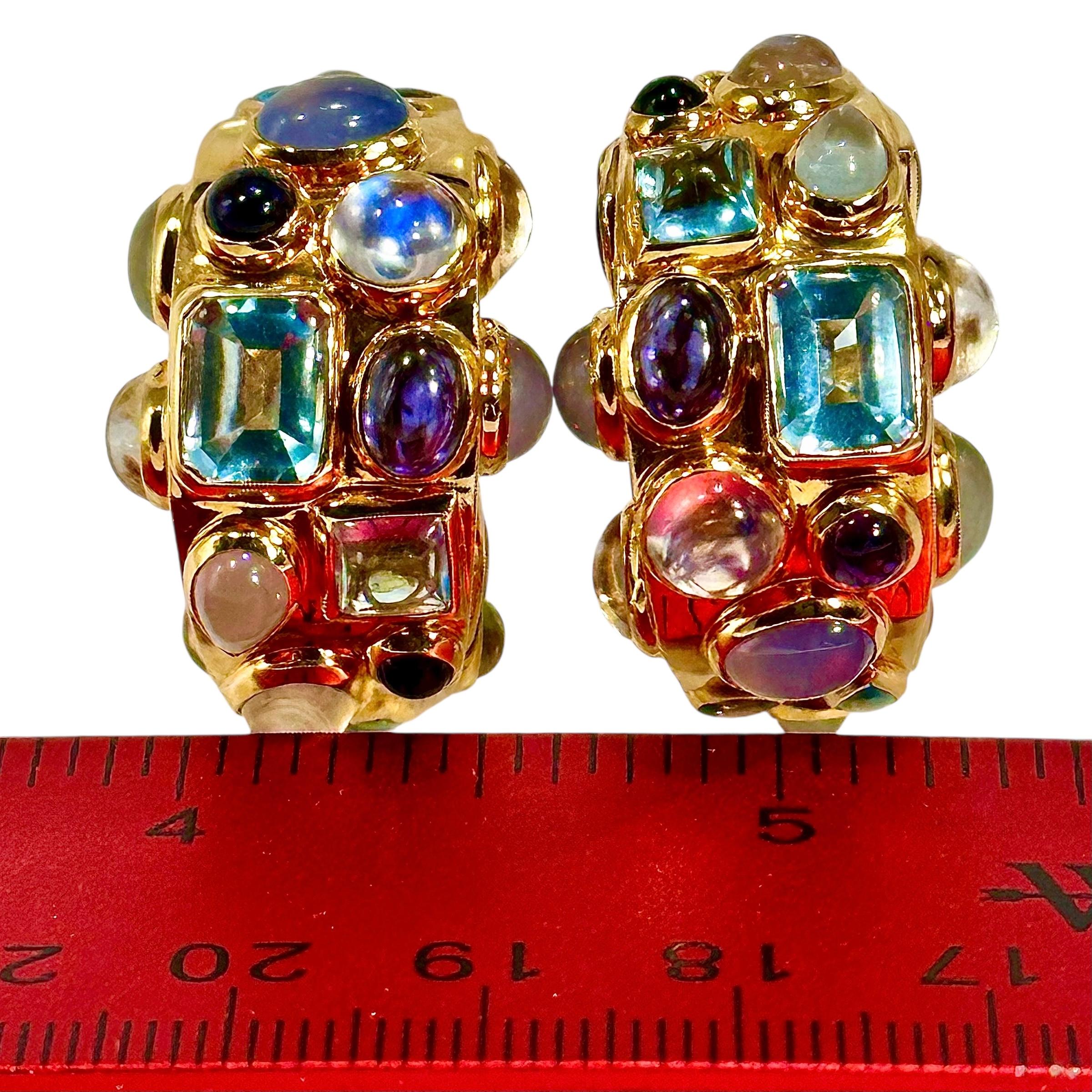 Seaman Schepps 18K Gold Multi Gemstone Fifties Hoop Earrings For Sale 3