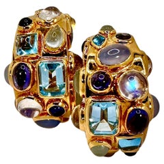 Seaman Schepps 18K Gold Multi Gemstone Fifties Hoop Earrings