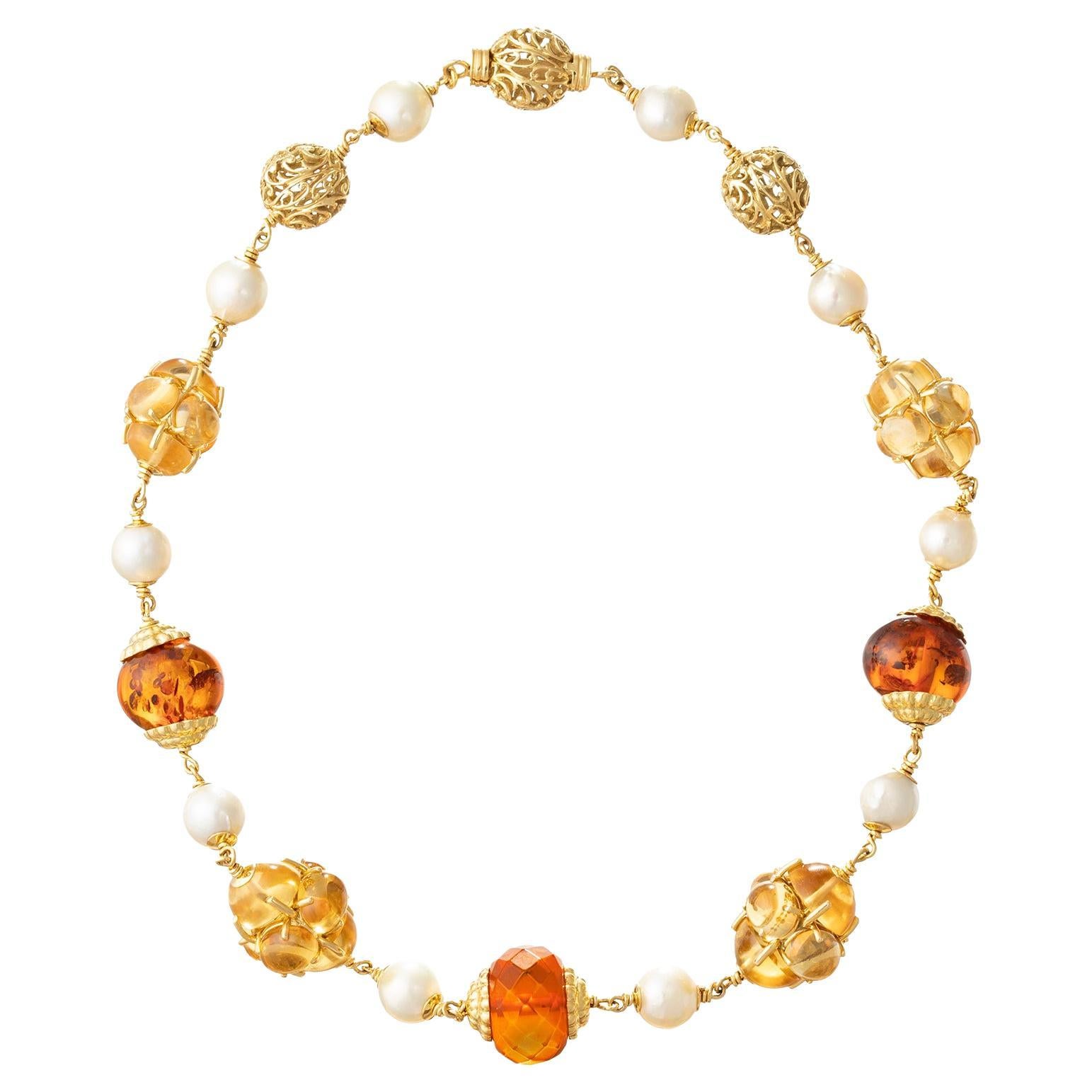 Seaman Schepps 18k Gold Pearl Citrine Amber Baroque Necklace For Sale