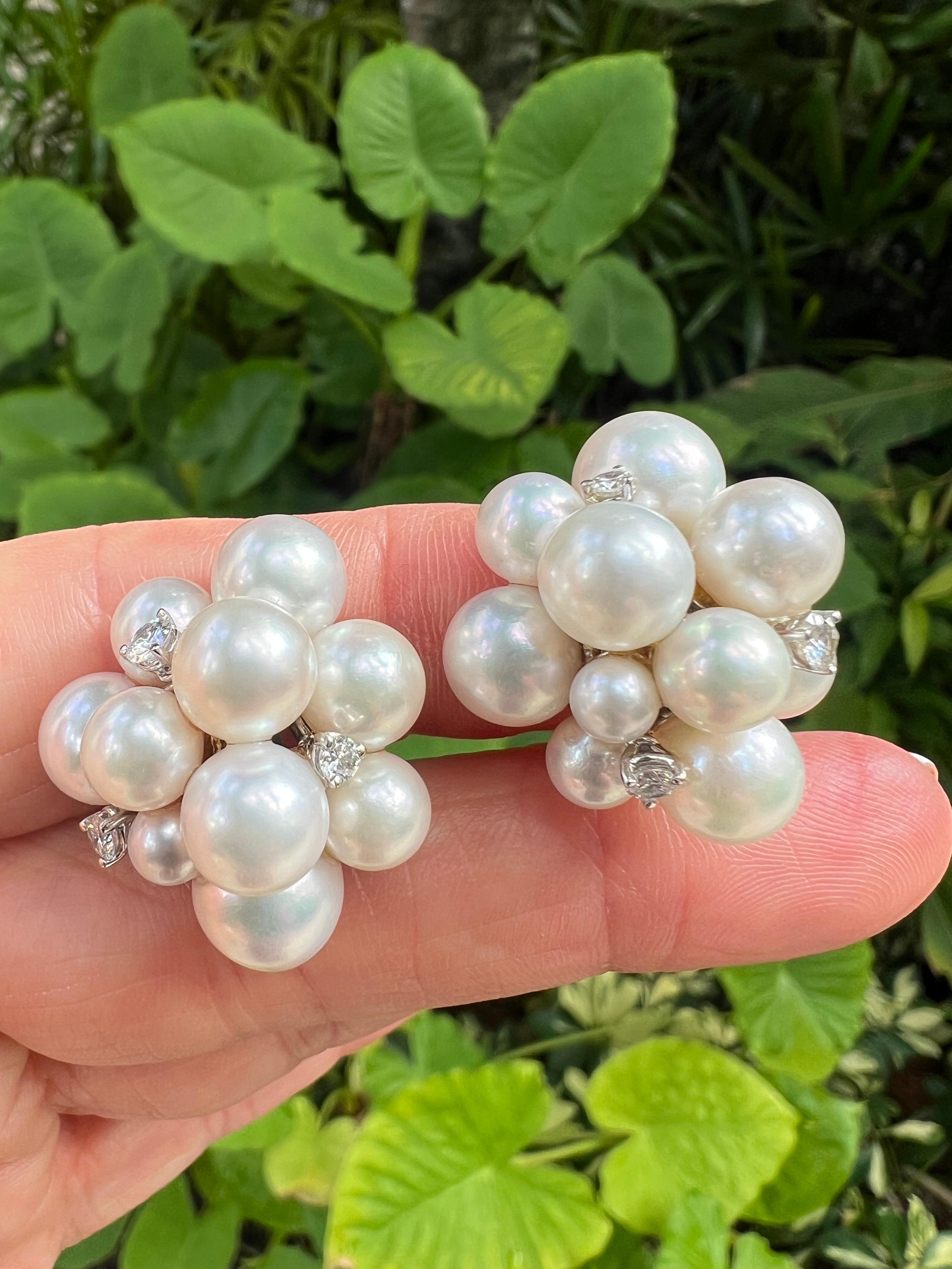 Seaman Schepps 18k White Gold Pearl Diamond Bubble Earrings In Excellent Condition For Sale In Palm Beach, FL