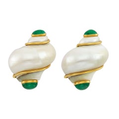 Seaman Schepps 18k Gold Turbo Shell and Emerald Cabochon Clip-on Earrings