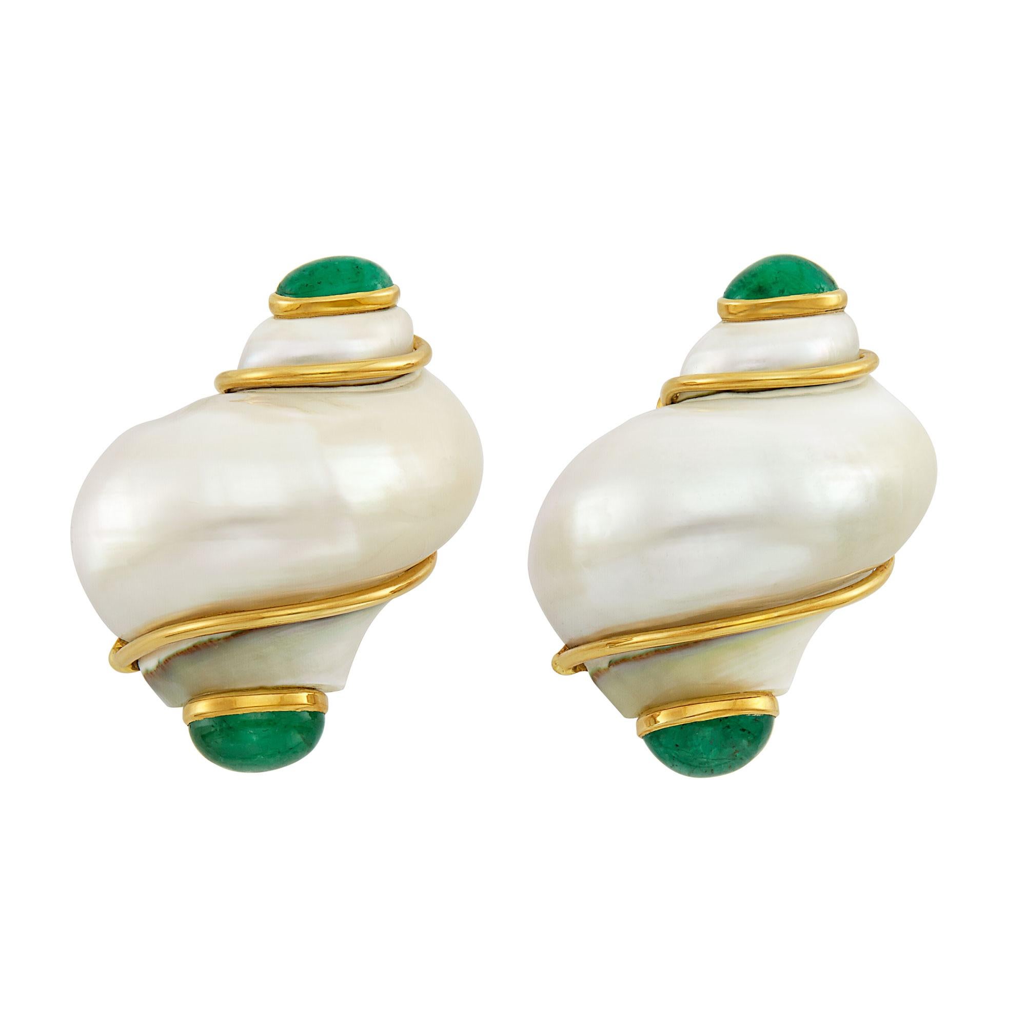 Seaman Schepps 18k Gold Turbo Shell and Emerald Cabochon Clip-on Earrings For Sale 1