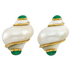 Seaman Schepps 18k Gold Turbo Shell and Emerald Cabochon Clip-on Earrings