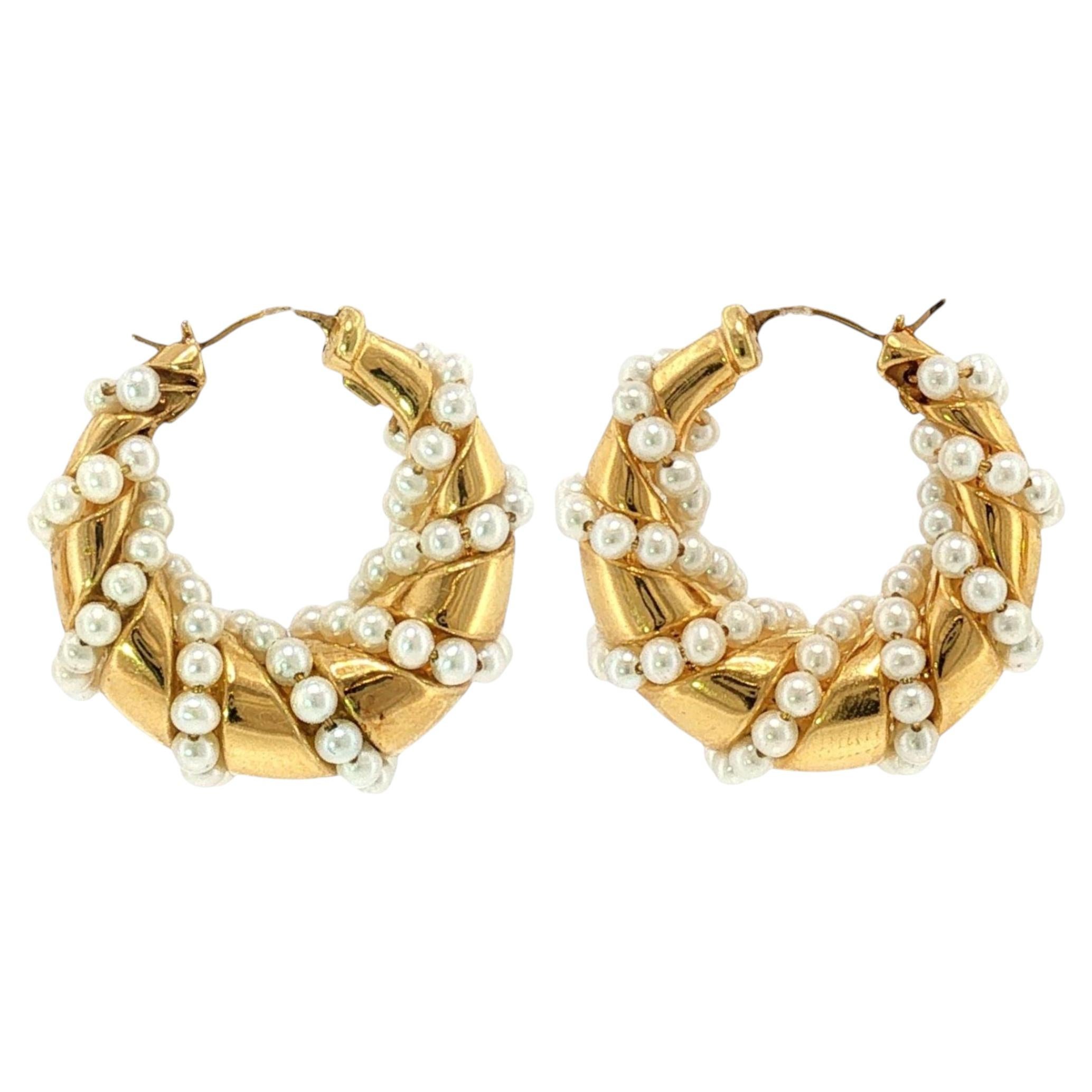 Seaman Schepps 18K Hoop Earrings Spiral Cultured Pearls Yellow Gold