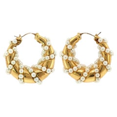 Seaman Schepps 18K Hoop Earrings Spiral Cultured Pearls Yellow Gold