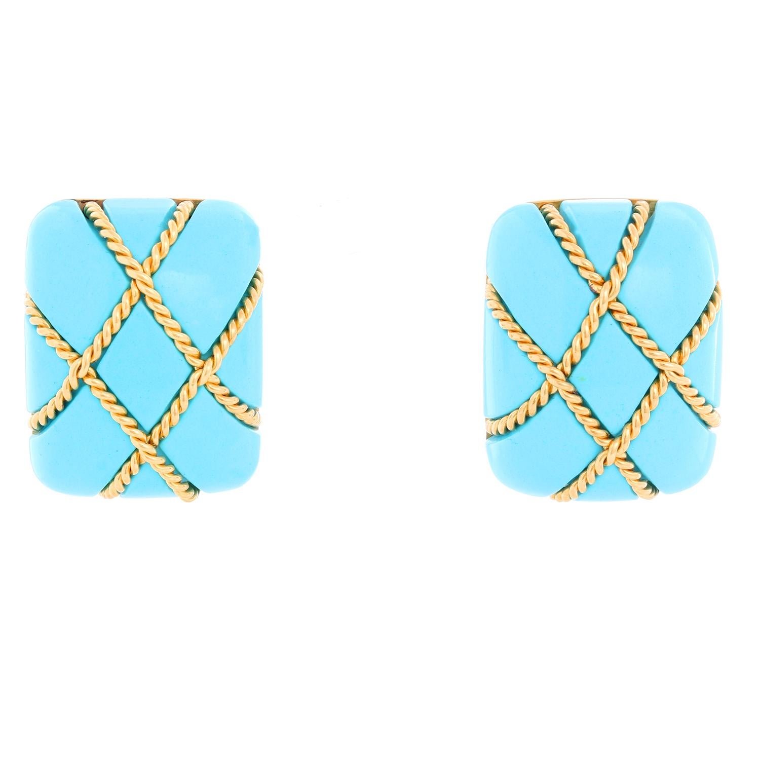 Seaman Schepps 18K Large Square Cage Turquoise Earrings - Vntage Seaman Schepps Turquoise earrings  crafted in 18k yellow gold. Weight: 33.3 grams The earrings measure 26mm in length (1.02 inches) and 20mm wide (0.78 inches). The earrings are fitted