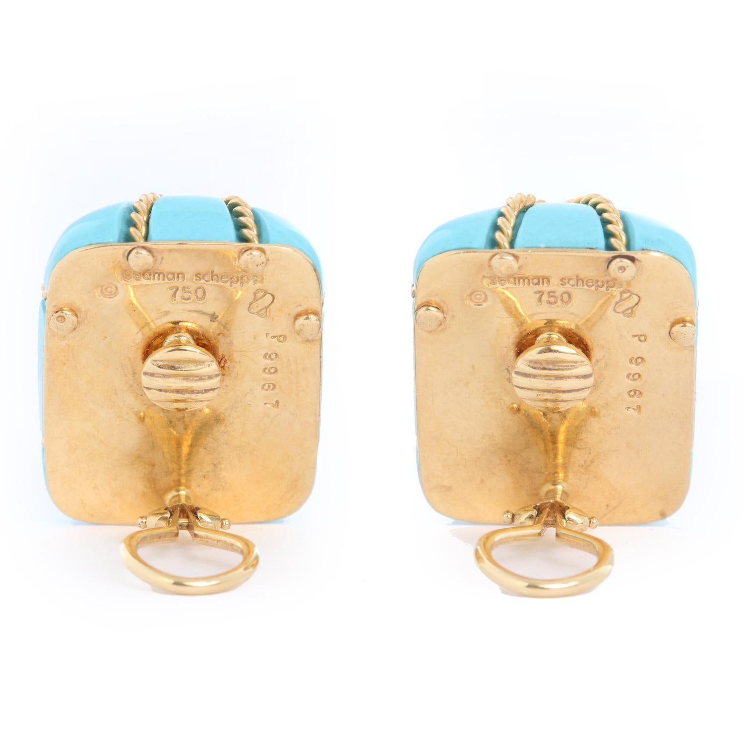 Seaman Schepps 18K Large Square Cage Turquoise Earrings In Excellent Condition In Dallas, TX